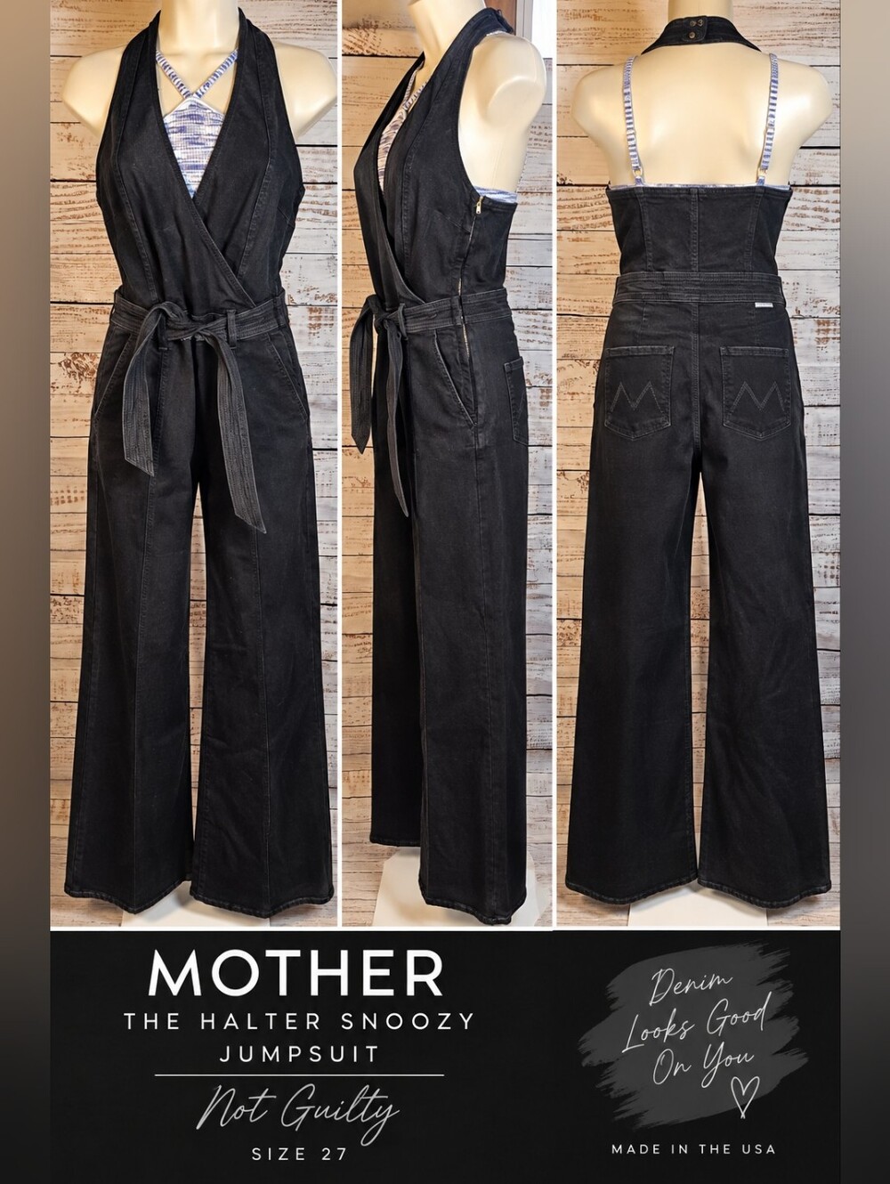 MOTHER The Halter Snoozy Jumpsuit Size 27 Not Guilty Black Denim Wide Leg
